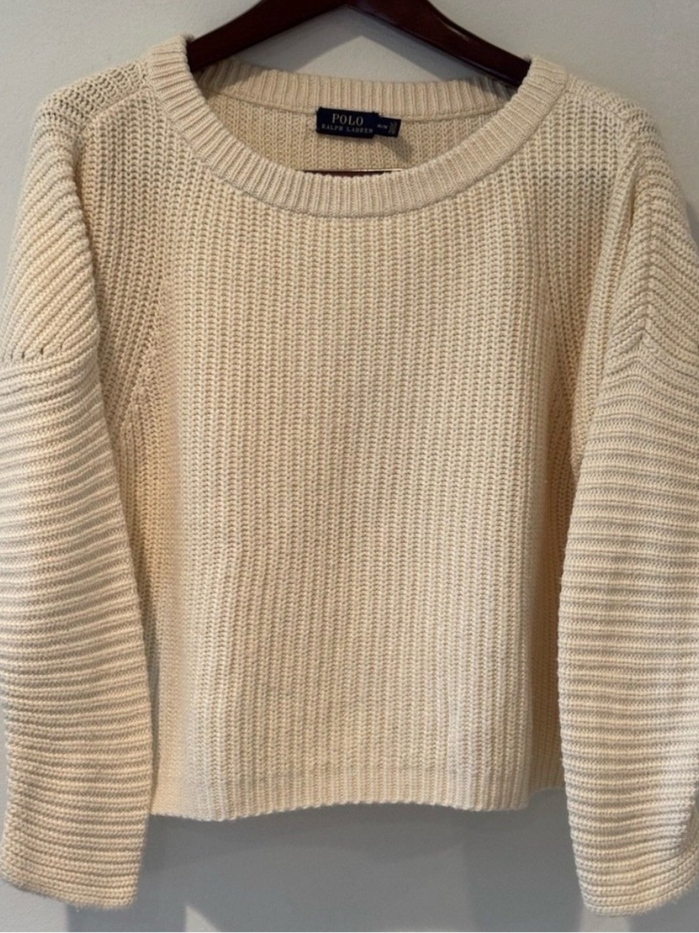 Polo Ralph Lauren Cropped Ribbed Sweater Cream Cotton Knit Women M